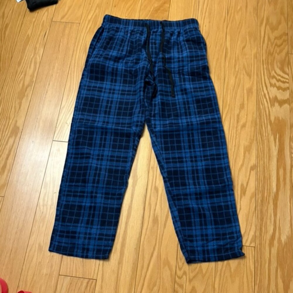 Isotoner Mens Blue & Black Medium Plaid Fleece Pants Lounge Pajama Bottoms